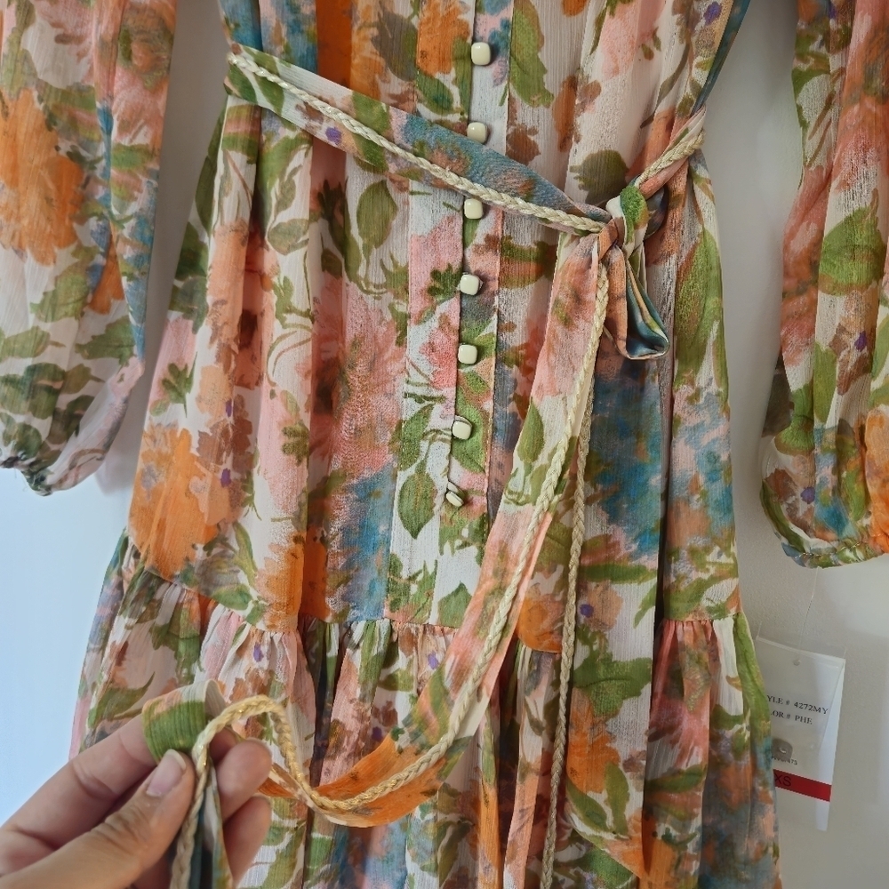 Taylor Pink and Orange Wrap Mini Dress with Bishop Sleeves - Picture 4 of 11